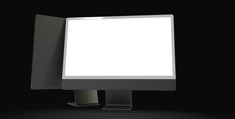Computer display mock up with blank white screen. Stylish desktop computer mockup. dark