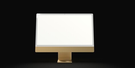 Realistic 3D Computer, with a white screen, isolated on a background dark gold