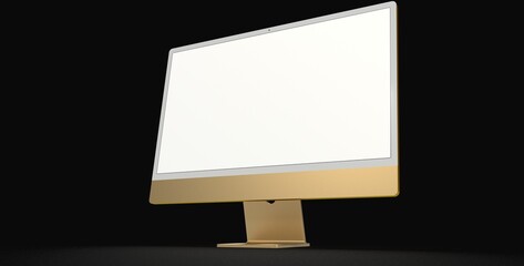 Realistic 3D Computer, with a white screen, isolated on a background dark gold