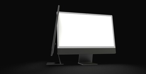 Computer display mock up with blank white screen. Stylish desktop computer mockup. dark - obrazy, fototapety, plakaty
