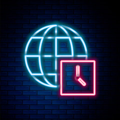 Glowing neon line World time icon isolated on brick wall background. Clock and globe. Colorful outline concept. Vector