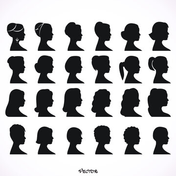 Women Profile Silhouettes - Vector Illustration, girls silhouettes with 24 different hairstyle for your design.