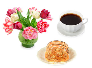 Cup of coffee, cake and bouquet of flowers isolated on white background. Collage.