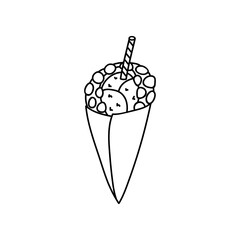 Cute and funny Hong Kong waffle with ice cream. Vector fast food isolated on white background. Stylized doodle illustration with hand drawn outline. For stickers, social media, posters, postcards.