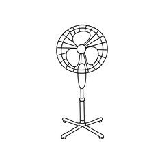 Cute and funny vector hand drawn doodle of fan with a cool air, for the hot climate and temperature. Stylized illustration with hand drawn outline isolated. For sticker, scrapbook, social media