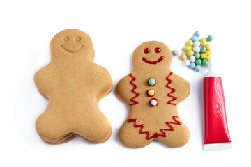 Smiling gingerbread biscuit men decorated for Christmas celebration