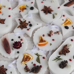 Beautiful soy candle decorated with dried flowers.
