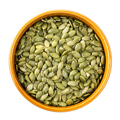 peeled pumpkin seeds in round ceramic bowl cutout