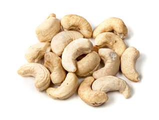 handful of cashew seeds closeup on white