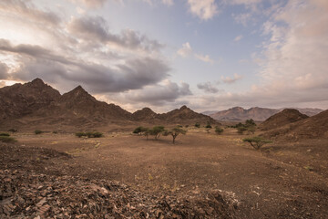 Deaser mountain landscape with clouds and rock structure.