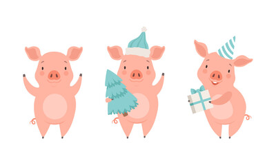 Cute Pig Characters Set, Funny Farm Animal Celebrating Holidays Cartoon Vector Illustration