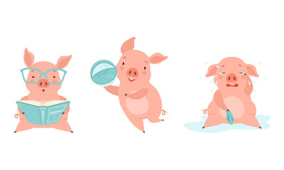 Cute Pig Characters Set, Funny Farm Animal Activity Cartoon Vector Illustration