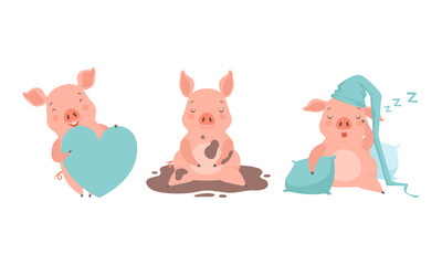 Cute Pig Characters Set, Funny Farm Animal Activity Cartoon, Lovely Piglet Playing and Sleeping Vector Illustration