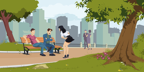 Friends talking on park bench. Illustration for internet.