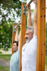 happy father and son greeting outdoor