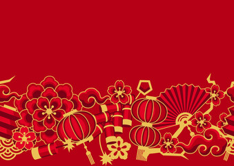 Happy Chinese New Year ceamless pattern. Background with oriental symbols.