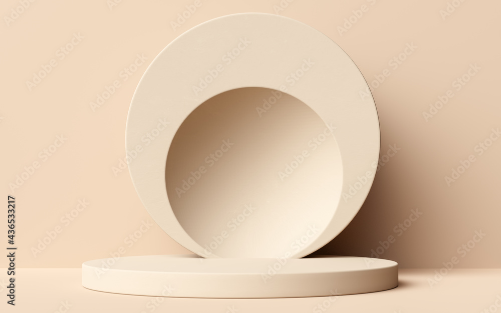 Poster 3d shapes geometric primitives podium for product display, pastel beige minimal scene background 3d 