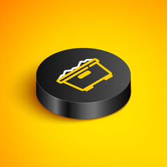 Isometric line Trash can icon isolated on yellow background. Garbage bin sign. Recycle basket icon. Office trash icon. Black circle button. Vector