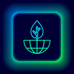 Glowing neon line Earth globe and plant icon isolated on black background. World or Earth sign. Geometric shapes. Environmental concept. Colorful outline concept. Vector