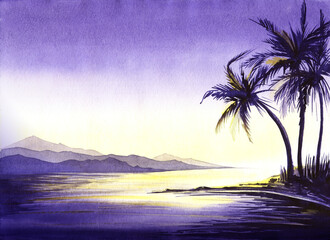 Fototapeta na wymiar Exotic watercolor landscape of soft night at seashore. Sea bay with blurry mountains on one side and dark silhouettes of palms on the other. Calm water surface reflects soft shine of rising sun