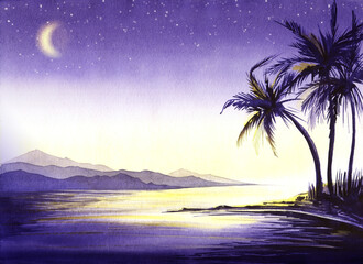 Tropical watercolor landscape of starry night at seashore. Sea bay with blurry mountains on one side and dark silhouettes of tall palms on the other. Moon casts shining reflections on water surface