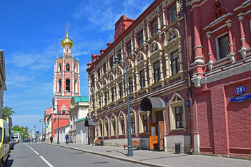 The bell tower of the Vysoko-Petrovsky Monastery was erected by order of Tsar Peter 1 in 1690. The architect is unknown. Russia, Moscow, May 2021.