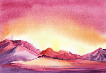 Alien watercolor bright landscape. Sunset gradient multicolor sky illuminating blurry mountains with crimson and purple colors. Hand drawn colorful fantastic scenery of desolated area