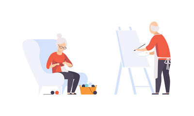 Obraz premium Elderly People Hobbies Set, Senior Man Painting on Canvas and Senior Woman Knitting, Active Lifestyle Concept Flat Vector Illustration