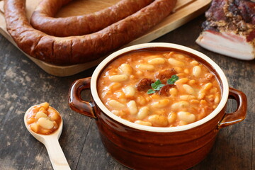 Homemade baked beans with sausage and bacon