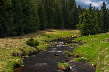 Rolava river with fresh meadows and forests in spring day