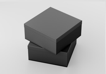Black Square Box Mockup, Dark shoe box Cardboard Container, 3d rendering isolated on light background