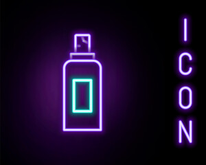 Obraz premium Glowing neon line Paint spray can icon isolated on black background. Colorful outline concept. Vector