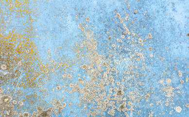 Blue metal surface covered with gray and yellow mold..
