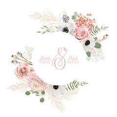 Floral wreath with watercolor dry pastel flowers, pampas grass. Vector summer vintage anemone, rose flower banner