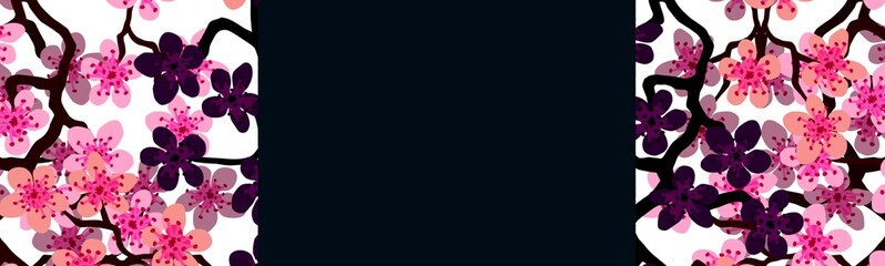 Modern Business card Design Template with pink sakura cherry blossom flower decoration on black background. Template of premium gift voucher, discount coupon, Greeting card, packing. Copy space text.