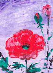 Red poppy painted with acrylic on a blue sky background