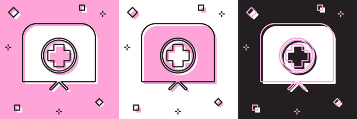 Set Nurse hat with cross icon isolated on pink and white, black background. Medical nurse cap sign. Vector Illustration