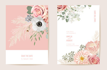 Botanical wedding invitation card template design, spring flowers frame set, dry pampas grass watercolor