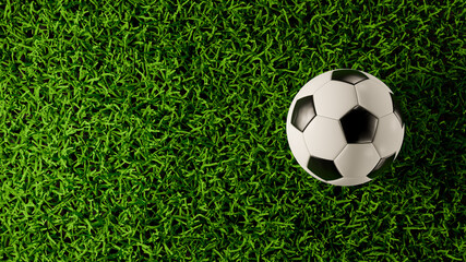 Top view of soccer or football on grass field. 3D rendering illustration.
