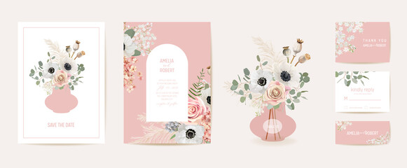 Watercolor anemone, pampas grass, rose floral wedding card. Vector summer flowers invitation