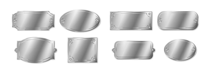 Silver name plates, template plaques. Empty mockup tags or badges for identification