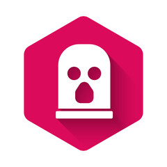 White Balaclava icon isolated with long shadow. A piece of clothing for winter sports or a mask for a criminal or a thief. Pink hexagon button. Vector