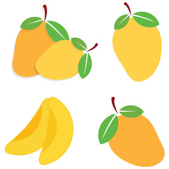 Mango and leaf, flat vector illustration, sliced fruit over white background.