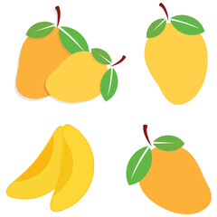 Obraz premium Mango and leaf, flat vector illustration, sliced fruit over white background.