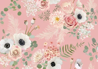  Aquarel naadloze anemoon, roze bloem, eucalyptus bladeren, pampagras vector achtergrond © wooster