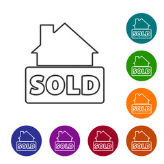 Black line Hanging sign with text Sold icon isolated on white background. Sold sticker. Sold signboard. Set icons in color circle buttons. Vector