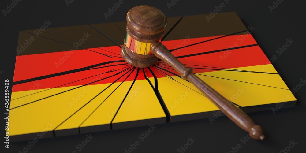 Poster block with flag of germany hit by judge's gavel. court related 3d rendering