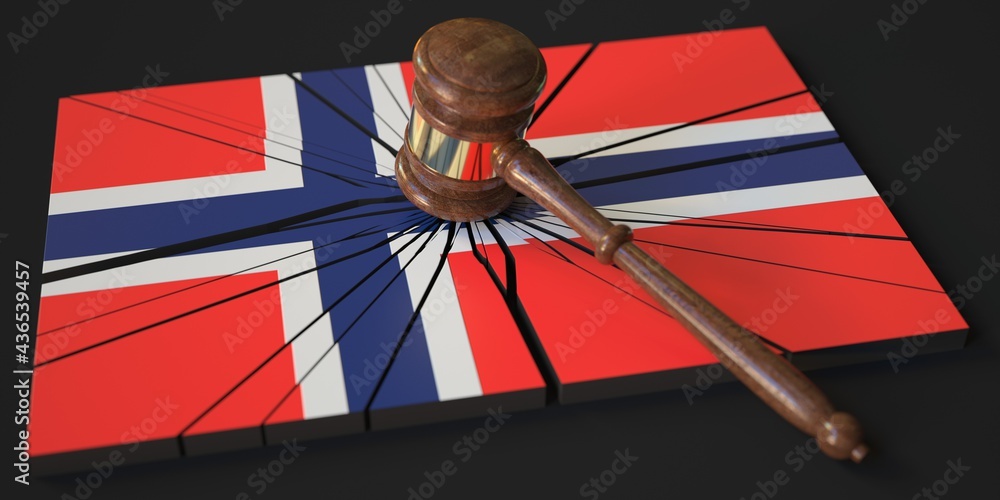 Poster block with flag of norway hit by judge's gavel. court related 3d rendering
