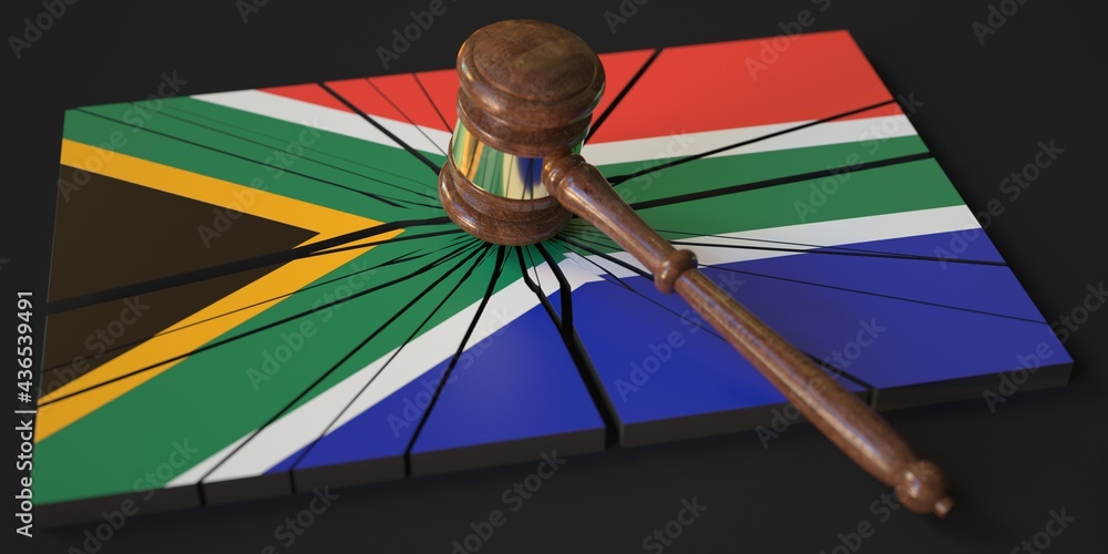 Poster judge's gavel and broken block with flag of south africa. conceptual 3d rendering
