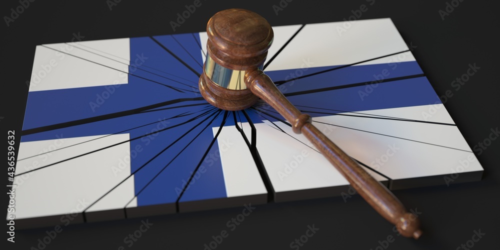 Aufkleber broken block with flag of finland and judge's gavel. conceptual 3d rendering